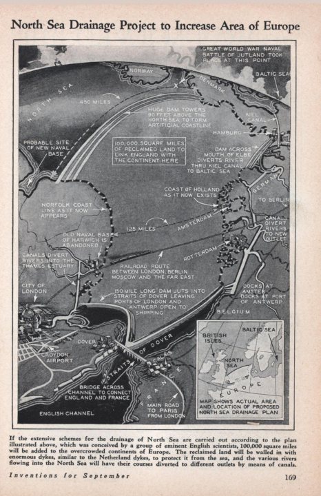 Draining the North Sea - 1930s project - Page 1 - Science! - PistonHeads - The image displays a vintage styled map that is compact and detailed. It shows various constructions ongoing around a coastline, indicating an era of industrial development. The map depicts shipping routes, and markings that include square miles, making it highly informative for a historical perspective. With notes about bridges and English Channel, the map underscores the importance of North Sea drainage. The overall impression is one of embarking on a project to increase area of Europe, suggesting a significant undertaking for the period. The text "Inventions for September" and the series title "North Sea Drainage Project to Increase Area of Europe" are also visible on the map.