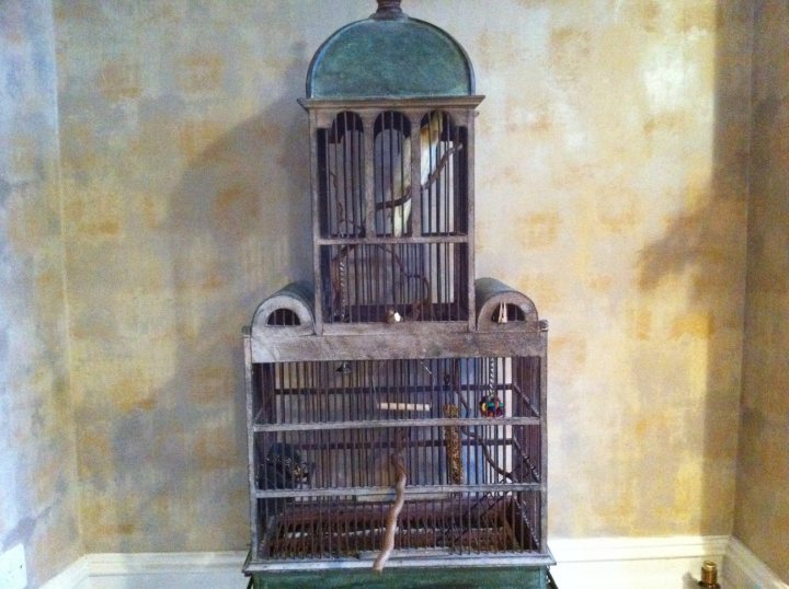 Pistonheads Birdcage - The image depicts a unique bird cage positioned vertically, resembling a three-tiered structure. The cage's central feature is a suspended basket on the middle tier, accessible by a ladder. The structure is painted in a textured, faded white consistent with a vintage appearance, possibly suggesting an old-world charm. The background features yellowish wallpaper that contrasts with the cage's color, enhancing the overall composition of the image. The lighting in the room casts a soft shadow of the cage, adding depth to the scene.