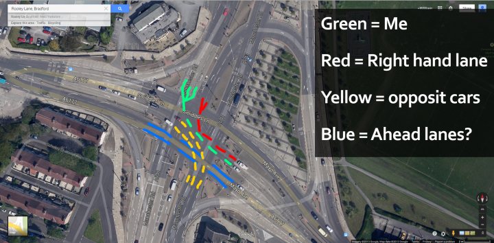 New driver, having issues with roundabouts. Any help? - Page 1 - Advanced Driving - PistonHeads - The image shows a screenshot of a virtual reality interface overlaying an aerial view of a split junction highway. The junction is marked with blue lines extending from the perspective point, possibly indicating navigation paths. Multiple arrows in yellow, orange, and light blue are scattered around the intersection, pointing in different directions, which could signify lanes or directions for movement. On the top left and top right of the image, there are clickable buttons or menu options on the VR interface, such as "Ride", "Walk", "Map", "Street View", and "Use Location".