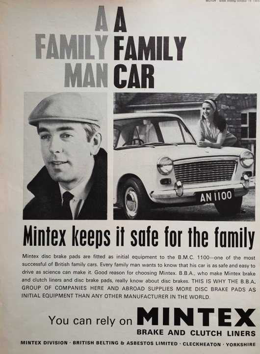 Old car ads from magazines & newspapers - Page 86 - Classic Cars and Yesterday's Heroes - PistonHeads UK - The image features a vintage newspaper or magazine page. At the top, there's a headline that reads "A FAMILY MAN CAR," followed by an article about a car named Mintex. The main visual is a black and white photo of a man sitting in a car, wearing a hat, with the word "Mintex" prominently displayed above him. Below the photo, there's text that says "Mintex keeps it safe for the family." The bottom of the page has a small advertisement for Mintex with the slogan "You can rely on Minttex." In the lower right corner, there is a photo of a car part with the branding "MINI," and below that, there's an advertisement for "BRITISH RAKING & CLUTCH LINERS." The overall style suggests this could be from an older publication, given the monochrome and text-heavy nature of the content.