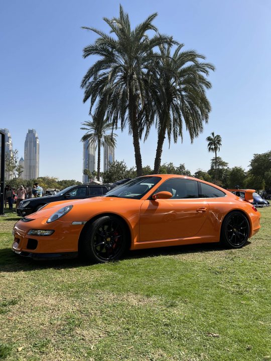 Where are all the 997.1 GT3s  - Page 9 - 911/Carrera GT - PistonHeads UK - The image depicts a vibrant outdoor scene featuring a striking orange sports car. This vehicle, which appears to be a Porsche Cayman due to its distinctive shape and the badge visible on the hood, is parked on grass within a fenced area. In the background, there are palm trees providing a tropical ambiance. The car itself seems to be in excellent condition, gleaming under what looks like bright sunlight. There are also several people present in the vicinity of the car, likely admiring or discussing its features.