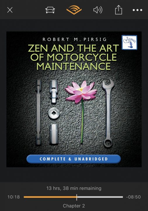 Books - What are you reading? - Page 346 - Books and Literature - PistonHeads - The image shows an album cover on a digital platform. At the top of the image, there is a stylized text "THE ART OF MOTORCYCLE MAINTENANCE" with the name "Robert M. Pispig" beneath it. Below this text is an illustration featuring a variety of mechanical tools and parts, along with a single pink flower. The background of the cover is dark, providing contrast to the lighter elements. At the bottom left, there's an orange logo with the word "Complete," indicating that this album might be part of a series or collection. To the right, there's a play button symbol, suggesting that this image could be from a digital streaming service where one can click to listen to the audio content. The overall style of the image is informative and suggests an educational theme related to motorcycle maintenance.