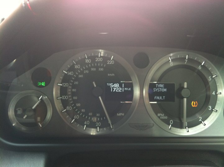 Pistonheads - The image captures an instrument cluster in a car's dashboard. The main feature is a tachometer, which is round and has white numbers and red arrows on it. The cluster also includes a speedometer, located just above the tachometer. To the side of the cluster, the fuel gauge is visible, showing a reading of the car's fuel level at 0. The gauges are clearly labeled, indicating the functionality of each part of the instrument cluster.