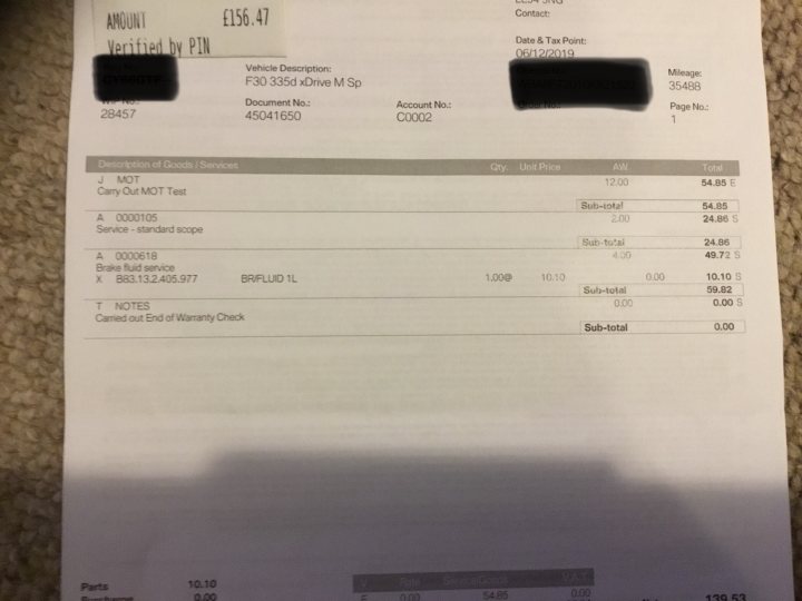 BMW Main Dealer Service cost - Page 1 - BMW General - PistonHeads - The image shows a receipt placed on a flat surface. The receipt appears to be from a restaurant, as indicated by the text "BILL" at the top. There is a printed date and time on the receipt, along with various line items that likely represent food and drink ordered. The prices of the items are listed next to their descriptions. At the bottom of the receipt, there is an amount total due and a payment method indicated. The text in the image confirms it's from a restaurant, but specific details like the restaurant's name, the exact content of each item on the bill, or any other distinguishing features are not visible.