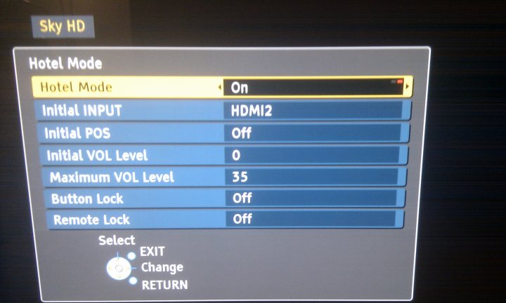 Neat Pistonheads Panasonic Trick - This image shows a screenshot of a hotel room's media console displaying a menu for selecting audio or video inputs. The text on the icons indicates the respective functions; for instance, the phrase "HDMI12" in the center suggests a high-definition multimedia interface input, and "REMOTE LOCK OOFF" points to an input state, likely for the TV or monitor's HDMI port's lock status.

At the top of the image, the words "Sky HD" are visible, likely referring to the type of television being used or the signal source. On the very top left corner, there is a notepad icon, possibly representing a way to access an overlay of annotations for recorded content, or it could be a tool to write down any notes while watching television.

The rooms button has the word "OFF" written next to it, indicating that the feature has been toggled off for convenience or security purposes. The items are organized in a table format with columns for input types and status, such as "Initial INPUT," "Initial POS," "Initial VOL Level," and "Maximum VOL Level." The bottom of the image features a "Select" drop