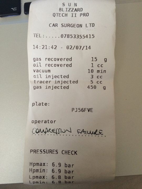 Air Con Regas Failure - Compression - Page 1 - VX - PistonHeads - The image showcases a printed paper receipt from an entity named "BLizzard QTech II PRO" located in Car Surgeon Ltd. The receipt details specific information such as date and time (02/07/2014 14:21:42), gas recovered (15.5 g), and the gas injected (5 cc). This could possibly be a mechanical repair invoice or a billing document from a car service center. The receipt also includes a signature and a plate number, starting with "PJ 5FV".