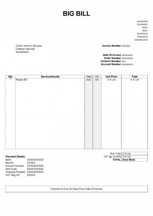 Nice day out in Bikesports yesterday - Page 1 - Radical - PistonHeads - The image displays a financial document, primarily invoice-related, with a large header at the top that reads "BIG BILL". The document features sections for various types of bills, such as repair, body, billing information, and text boxes for payment details, total amount due, and terms. The content is structured in a tabular format, with lines for date, service, and goods along with numerical fields presumably to inscribe amounts. Additional lines at the bottom seem to include a bank account, routing number, and other financial information which is typical for bill payment processing. The style of the document is formal and official, with a structured layout commonly associated with accounting or financial statements.