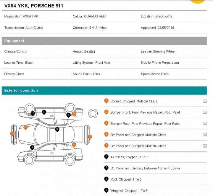 991 GT3 Prices  - 50 cars available! - Page 42 - 911/Carrera GT - PistonHeads - The image is a screenshot of a software application or webpage, possibly related to vehicle maintenance or a database for a particular model of car. At the top of the image, in bold letters, is a VIN (Vehicle Identification Number): "VWK64 YKX, PORSCHE 911". Below the VIN, there is a subheading titled "Equipment," which is followed by a list of components such as "Climate Control," "Heated Seats," and "Leather Trim - Black." Below this list, there is a table with a heading that reads "Don't chip, Multiple Chips." Each row under this heading contains an individual component, its description, the recommended condition, and a corresponding schedule. The components listed under this category include parts related to bodywork and performance, such as "B-MACHIN. ELECTION,$1.3 / HOUR" and "MOB - WIPER REPLACE, GOOD, GUARANTEE REPLACE, OK." There are also columns that indicate whether a part needs to be chipped, reconditioned, or replaced. The styles of the text and the layout are indic