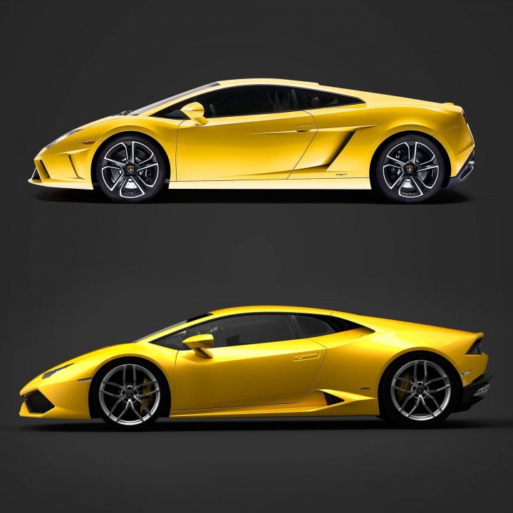 RE: Lamborghini Huracan - official  - Page 9 - General Gassing - PistonHeads - This image features two digital renditions of a luxury sports car. The car is yellow, exhibiting a sleek and aerodynamic design with curvaceous lines and alloy wheels. It's stationary on a gray surface, facing different directions in each frame to showcase the vehicle from various angles. The car's interior is visible, and it appears to be well-lit with recessed lighting, highlighting the car's sleek forms and streamlined features. The graphics are detailed, suggesting a realistic depiction of a high-end sports car.