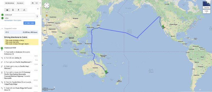 I never knew Coles was so far away! - Page 1 - Australia - PistonHeads - The image is a screenshot of a computer interface showing a flight journey map. This flight path begins from Cairns, Australia, and ends at Cotai, Guam. In between, the map indicates stops at other locations in Australia, over northern island New Zealand, then heading towards the United States. The distance from Cairns to Cotai is indicated as 4,133 km. There is also a comment in the interface noting that the route crosses the trench Gate Peninsula.