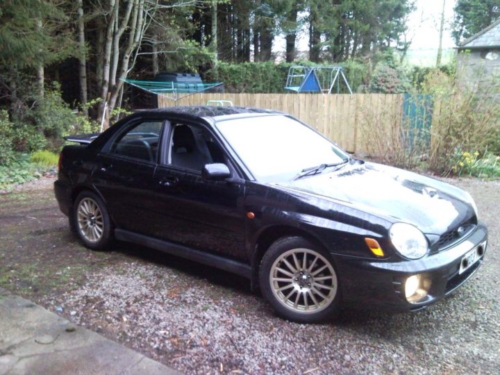 My first car - Page 1 - Subaru - PistonHeads - The image displays a sleek, black sports coupe parked on a gravel driveway. The car appears to be newer, with a glossy finish that reflects the light. It's a two-door vehicle with a sloping design, typical of many modern sports cars. The setting is outdoors, with a fence, lush greenery, and trees in the background. The vehicle is partially obscured by nature, suggesting a wild or semi-rural location. The overall impression is that of a vehicle in scenic natural surroundings.