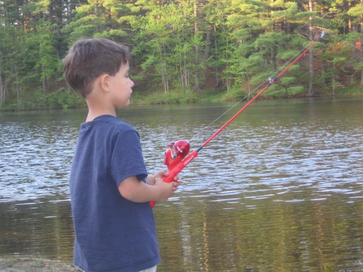 This image captures a young boy engrossed in an outdoor activity. He is standing on a bank next to a lake, holding a vibrant red fishing rod. The boy seems focused on the water below, possibly observing or waiting to catch fish. The lush green forest in the background provides a serene and natural setting for this scene. The boy, the fishing rod, and the surrounding environment create a peaceful atmosphere, captured in this single frame.