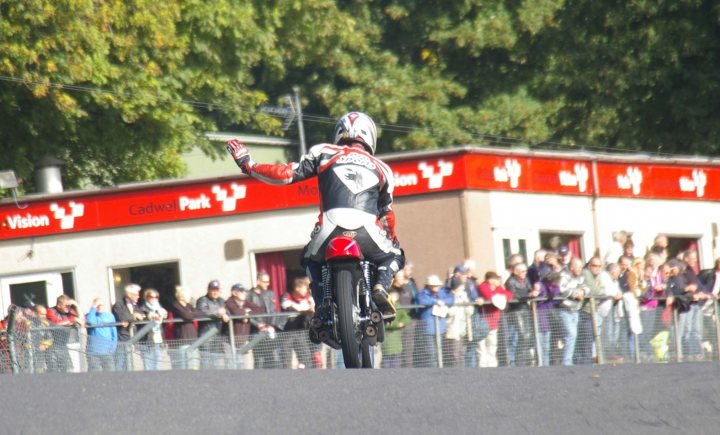 A person riding a horse on a city street - Pistonheads - The image depicts an exciting moment of a person riding a motorcycle backwards, a daring feat known as wheelie. The rider is dressed in a colorful motorcycle suit, which is predominantly red and black. The surroundings suggest an outdoor event, with a crowd of spectators observing the spectacle from behind a fence. The backdrop reveals a building with the words 'Cadwell Park' visible, indicating the likely location of this thrilling scene.