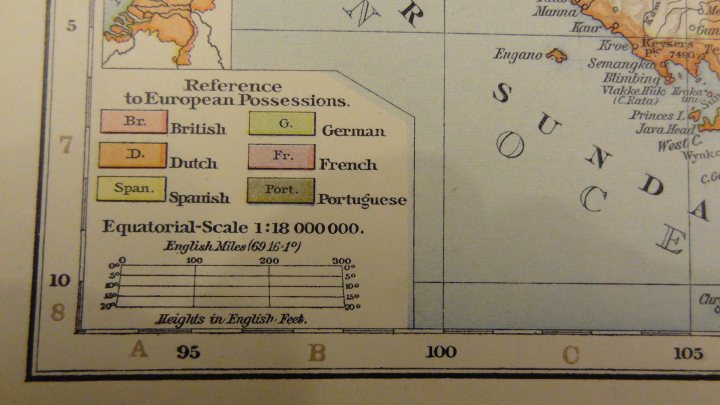 Something different...1895 Times Atlas of the World - Page 1 - Books and Literature - PistonHeads - The image showcases a section of a world map that is highlighted in red. The highlighted area is labeled "Reference to European Possessions," indicating its geopolitical significance. The map includes the names of various countries and regions, but specific country names are not provided. There is also text that mentions the "Equatorial-Scale" and distances, with numerical values given in English miles, Dutch miles, and Portuguese miles.