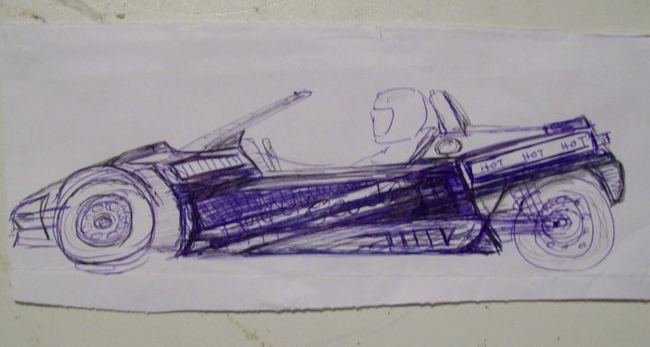 Pistonheads Concepts Sketches Design Kitcar - This image displays a vibrant, thoughtful drawing of a futuristic, open-top race car. The car, drawn with intricate lines, features a streamlined body colored in shades of blue and purple. This detailed pen sketch captures the essence of speed and innovation in its representation of the race car. The corners of the car design appear slightly torn, suggesting a manual or unpredictable drawing style, adding a touch of fluidity to the artwork.