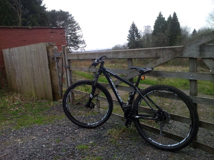 The "Photos From Today's Ride" thread... - Page 113 - Pedal Powered - PistonHeads - The image shows a bicycle parked on a gravel path within a fenced enclosure next to a wooden fence. The bicycle is a traditional road bike with clearance, visible suspension fork, and a robust set of knobby tires, suggesting it is suitable for off-road cycling. In the background, there are trees, and beyond them, a red brick wall or structure can be seen. The sky is overcast, indicating perhaps an early morning or a cloudy day.