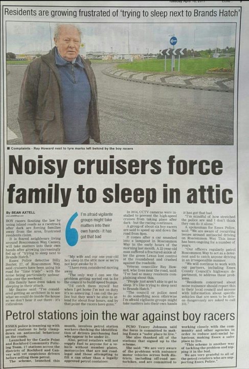 Sun's out it's biker moronic time - Page 4 - Biker Banter - PistonHeads - The image is that of a newspaper headline. The headline reads, "Noyisy cruisers force family to sleep in attic." There's a photograph of an elderly man standing by the road. The byline indicates that the story was written by Sean Axtell. Another article teaser hints at a disturbance caused by petrol stations, potentially against boy racers. The layout suggests it's a section of a local or regional newspaper, possibly focusing on community or neighborhood news.