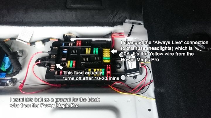 F30 Dash Cam Hardwire - Page 1 - BMW General - PistonHeads - This image features the electrical component 'Red Power Magic Pro' which appears to be a custom-built connection box. It includes a main board with various switches and connections, such as a fuse and lead circuit for power supply. The text overlaid on the image provides context for the object, stating it's used for car setup and explaining how it can be altered with the available features, such as headlights, side lights, and highlight adjustments for the Power Magic Pro model. The photo emphasizes the mechanical aspect of the car's setup, suggesting functionality and practicality within the context of custom car modifications.