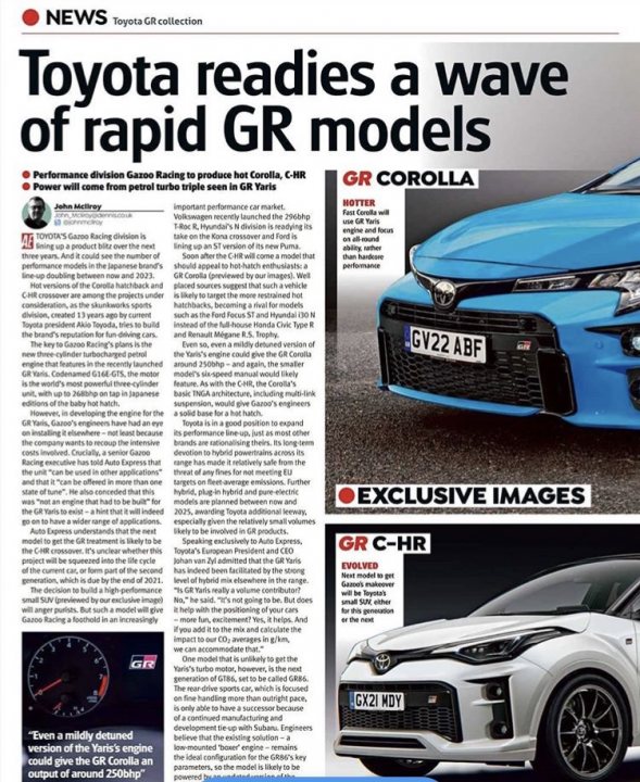 Re : Toyota GR Yaris - official! - Page 46 - General Gassing - PistonHeads - The image is a screenshot of a newspaper page featuring an article about the Toyota Corolla GR Model. At the top, there's a headline that reads "Toyota Readies a Wave of Rapid GR Models." Below the headline, there are two photographs of the Corolla GR, one showing a close-up view and the other displaying a car in motion. The text on the page includes various lines about the new models, such as "Performance brakes" and "Sporty design," which likely discuss the features of the cars. There are also logos for "CGR", "G-HRIN", and "Racing," indicating different aspects or versions related to the car. Additionally, there's a photo credit at the bottom right corner of the page, acknowledging the source of the images used in the article. The overall design of the newspaper page suggests it's informative, catering to readers interested in automotive news.