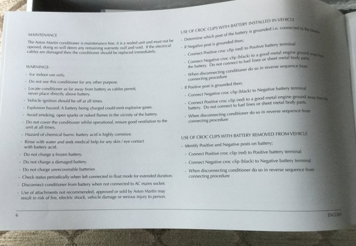 Aston Martin Battery Conditioner - Page 1 - Aston Martin - PistonHeads - The image displays the inner section of a vehicle manual, focusing on the maintenance section related to battery inspection and maintenance. The text is too small to read clearly; however, it appears to be a standard section from an automotive manual, possibly covering topics such as battery installation, negative posts, and positive posts. The layout includes a table for warnings with electric and isolated engine covers or steam trunk. The instructions and warns seem professionally designed, and the image has annotations that suggest it might be related to car repair or maintenance practices.