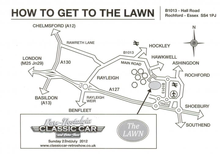 Classic Car and Retro Show, 22nd July... - Page 1 - Kent & Essex - PistonHeads - The image appears to be a map titled "HOW TO GET TO THE LAWN". It highlights the streets leading to the event, such as Chellmsford (A12), London (M25), and Basildon. Supplied by "Classic Car and Classic Car Restoration Show", it indicates the Southend Lawn, with significant details including Benfleet, Rayleigh, Hawkwell, Brentwood, Hockley, and South End locations. The image oozes an old-world charm with its white tones and clear lines, suggesting it could be related to a classic car show taking place on Sunday 2nd July 2012.