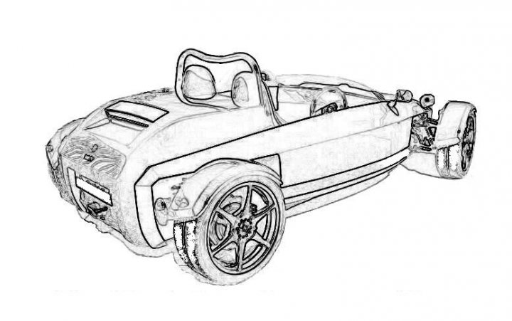 Middy Buck Pistonheads Chassis - The image features a pencil sketch of a car. The car is depicted in black and white, giving it a vintage or classic appearance. It has a streamlined design with curves and straight lines, indicating the motion of the car. The car is positioned facing left, as if it is on a road. The setting is plain and white, which highlights the car and makes it the focal point of the image. The sketch is detailed, capturing the contours and shapes of the car with precision.