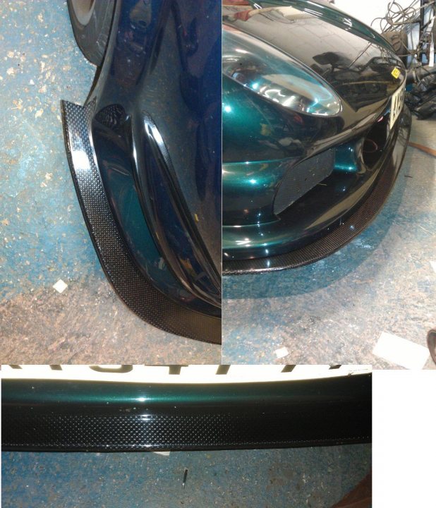 A close up of a car parked on a street - Pistonheads - The image is a side-by-side split of two photographs showcasing car modifications. On the left, a close-up view of a polished car bumper reveals an intricate, sporty design with black carbon fiber detailing, highlighting reflections and contours. On the right, the same bumper in the same context appears dull and dirty, illustrating the difference between the modified and non-modified states.