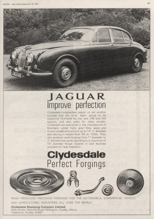 Pistonheads - The image is a black and white advertisement for a car. It features an old-fashioned, dark colored car prominently displayed in the center of the page. Above the car, there's text that reads "JAGUAR" and below it, smaller text states "Improve Perfection." To the left of the car, there is a logo with the word "Clydesdale" and the phrase "Perfect Forgings" underneath. The right side of the page shows a wheel hub and some car accessories. At the bottom of the image, the advertisement mentions "WORLD'S BEST JAGUAR CONVERSION KITS AND PANELS FOR SALE." The overall style of the image is reminiscent of mid-20th century advertising, with its clear typography and layout centered around the car.