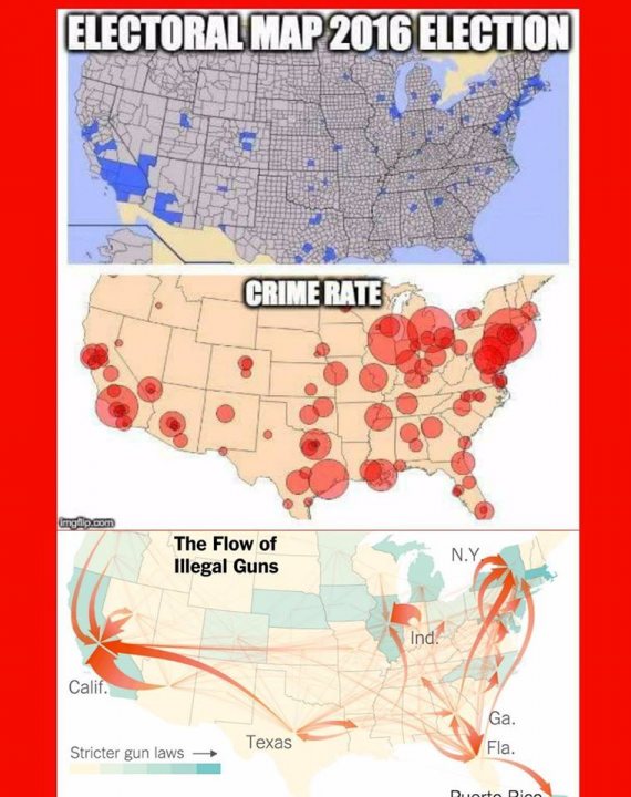 Make America Great Again - Page 9 - News, Politics & Economics - PistonHeads - The image presents a striking comparison between the number of illegal guns in a state and the political alignment of that state within the United States presidential election of 2016. The map on the left half of the image is overlaid with red circles, indicating incidents of illegal guns within each state. The map on the right partitions the country into different states such as California, Florida, Indiana, and New York, color-coded to reflect the outcome of the 2016 election. The visual link suggests a possible correlation between legal gun regulations and individual states' choices in the election. The image creates a thought-provoking narrative around the intersection of law and politics and its impact on society.