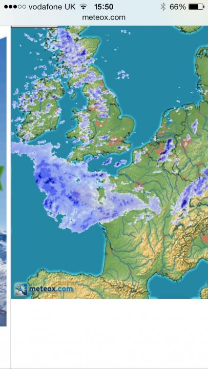 The official winter 2013/2014 snow thread - Page 28 - The Lounge - PistonHeads - The image appears to be a screenshot from a mobile device displaying a weather map. It shows a satellite view of Europe, with the island of Ireland specifically highlighted. Surrounding text provides the date and time: "Thursday 15:50". The map is overlaid with an indication of weather conditions, outlined by collector areas that match the island of Ireland in blue shading. The interface elements suggest that this is a visualization of weather data, possibly from a meteorological website. The map has a high-definition quality with clear delineation of land and water features.