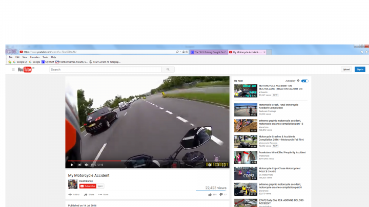 The "Sh*t Driving Caught On Cam" Thread Vol II - Page 237 - General Gassing - PistonHeads - The image shows a fragment of a computer screen displaying a webpage. It appears to be a search results page from the YouTube website, with a video thumbnail visible. The thumbnail shows a motorcycle trailing two other motorcycles on a paved road with trees and a clear sky in the background. The view includes the perspective from inside a car, with the dashboard visible in the foreground, suggesting that the person taking the photograph was a passenger in one of the motorcycles. The video is labeled "My Motorcycle Adventure" and has received several likes, indicating its popularity among the viewers. The YouTube interface elements, such as search bars and menus, are visible, and videos with various titles and from different channels are shown in the search results.