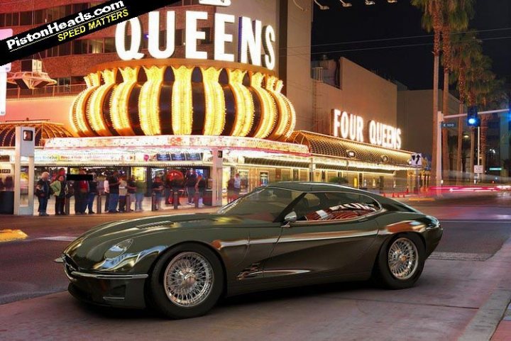 Century Etype Pistonheads Limited - The image presents a modern sports car resting on a city street at night. The car, with its sleek design and large wheels, commands attention. It's parked under a neon sign that reads "QUEENS" and "FOUR QUEENS" in bold white letters, illuminating the car and the surrounding area. There are a few pedestrians visible in the background, adding a sense of atmosphere to the scene. The image suggests a sense of luxury and exclusivity.