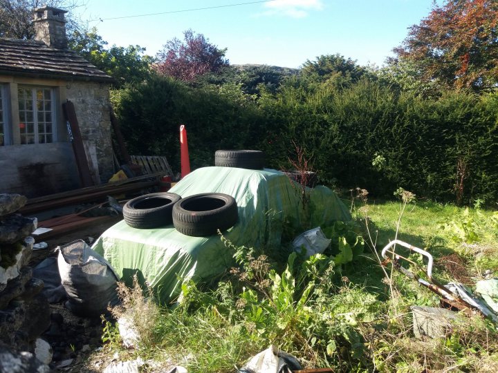 Classics left to die/rotting pics - Vol 2 - Page 490 - Classic Cars and Yesterday's Heroes - PistonHeads UK - The image shows a garden scene with an old car parked in the yard. The car, which is partially covered by a tarp, is positioned against a hedge. In the background, there is a house and a green lawn. A small shed or toolbox is also visible next to the car.