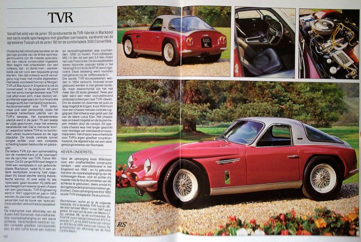 1967 Tuscan V8 - Page 4 - Classics - PistonHeads - In this image, a fashion magazine page is displayed, featuring a beautiful red TRV sports car prominently. The magazine page includes a cut-out image of the car in two different states. The top section features a full view of the car, in a striking shade of red, while the bottom section shows the car's interior. In the background of the magazine page, unrelated clip art adds a touch of whimsy to the overall layout.