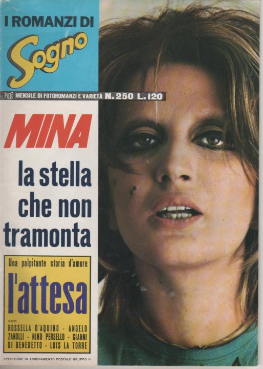 Mina - The image is a vintage album cover featuring a woman's face with a concerned or contemplative expression. The text over the image provides information about the cover. At the top, the name "Sogno" is prominently displayed with a stylized font. Below that, the text reads "I Romani di Sovio," indicating the nationality of the musicians or the theme of the album. The central part of the cover shows the name "Mina," which is likely the name of the artist, written in a larger, more prominent font than the other text. Beneath Mina's name, the phrase "La stella che non tramonta" implies a stylized or legendary status, and it is followed by the title "Lattesa." Additionally, there are several names of performers listed below Mina's name, suggesting collaborators or featured artists on the album. The style of the image, including the font and the photograph, suggest it is an old-fashioned record cover.