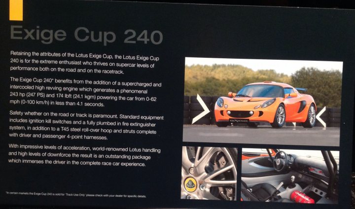 A motorcycle is parked in a parking lot - Pistonheads - The image is a poster or an advertisement for Lotus Exige Cup 240. It prominently features a sports car in a race setting, with a blurred backdrop. Beneath the car, the text provides information about the vehicle's performance enhancements and racing capabilities. Adjacent to the car, there's an image of the car's interior, perhaps highlighting the driver-side experience. The text seems to detail the Lotus Exige's technical features and its success in racing. The overall layout of the text and images suggests a high-performance and thrill-seeking product.