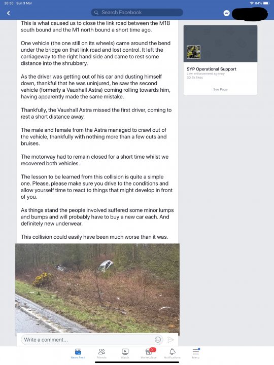 Speeding today Porsche 911 m180 - Page 1 - Speed, Plod & the Law - PistonHeads - The image displays a Facebook post with a screenshot of the screen. The top part shows a screenshot of a webpage, presumably from a news website or similar online platform. It includes text and images, but due to the nature of this description, I will not provide further details about the content of the screenshot.

The bottom part features a smartphone interface with a Facebook post visible on the screen. The post has a photo attached, showing an outdoor scene with some buildings in the distance. The text above the image is partially obscured by the screenshot, but it appears to be a status update from a user.

The screenshot of the webpage contains an article about a car accident, which includes details such as the number of casualties and the location of the incident. The webpage's design suggests that it is a serious news report with a focus on providing information about the accident.

Overall, the image captures the moment a user is viewing a screenshot of an article about a car accident while in a Facebook app or on a device connected to a Wi-Fi network or mobile data.