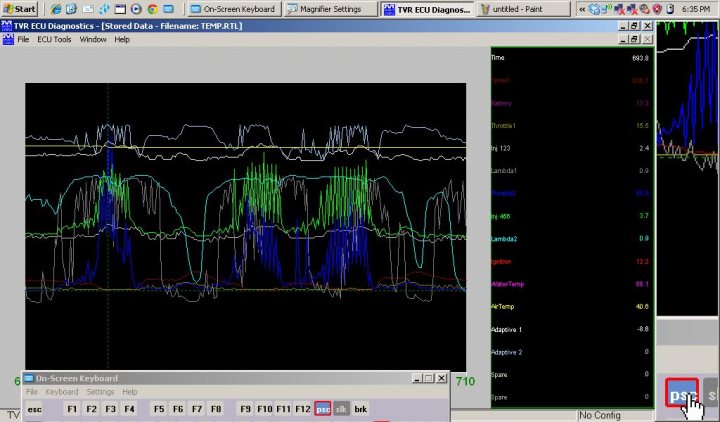 Analyse This - Page 1 - Speed Six Engine - PistonHeads - The image shows a computer screen running a system monitoring application, specifically for an ILMP PTR system diagnostic utility named Inspect. The graph displayed on the screen illustrates a series of waveforms and wave charts, likely representing electrical or network signals. The spectrum analyzer graph at the bottom left of the screen indicates signal amplitude versus frequency, giving a breakdown of the frequencies being displayed in the waveforms above. Both graphs are set against a dark background, with green, yellow, and blue hues to highlight the patterns and data points. The numerical contents on the right side of the screen provide additional information or analysis from the diagnostic tool. The overall impression is of a sophisticated technical interface used by system administrators or engineers to analyze and debug complex systems.