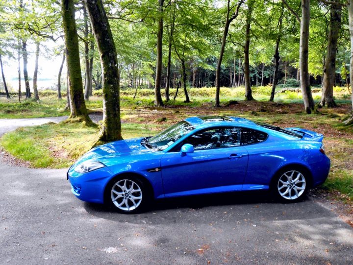 Sold the Mx5 S Ltd - looking at Hyundai Coupe SE 2.0 - Page 1 - Mazda MX5/Eunos/Miata - PistonHeads - In the image, a vibrant blue sports car is parked on a road that meanders through a lush park filled with trees and greenery. The car is positioned with its front facing towards the camera, and the parking is set against a backdrop of verdant fields. The sunlight filters through the canopy of leaves overhead, casting a warm glow on the sports car and the surrounding environment. The scene conveys a sense of tranquility and the beauty of nature.