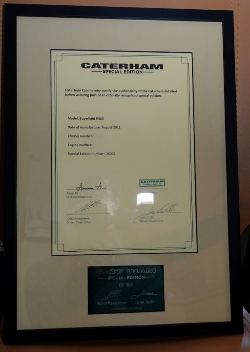 My R500 Team Lotus Special Edition - Certificate and Plaque - Page 1 - Caterham - PistonHeads