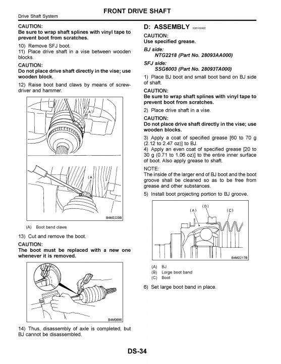 Help? It Was The Wrong Part!!!...Why am I not Surprised?? - Page 1 - Subaru - PistonHeads - This image is a technical repair document for a front drive shaft, specifically for an SJ/S10. The document is admitting to a Honda Accord Model (DS-34). It features black and white line sketches with cautionary instructional graphics. The primary focus of the diagrams is safety, with detailed instructions on how to avoid accidents, including step-by-step illustrations and warnings about potential hazards. The image is organized with numbered sections and subsections, guiding technicians through the specific steps involved in disassembling and assembling a front drive shaft.