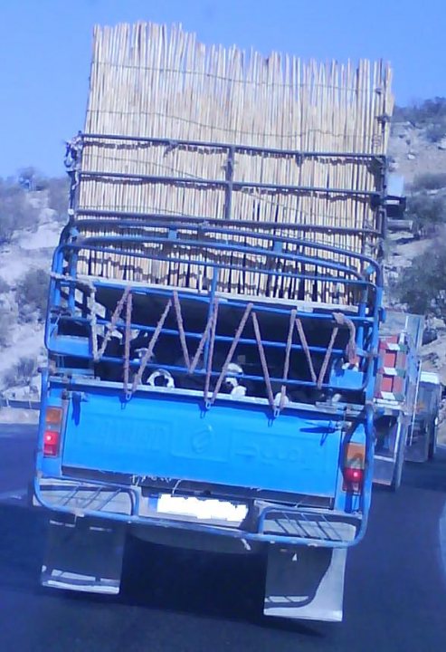 Truck Blue Loaded - The image shows a blue truck on a road with a large, woven structure at the back, likely made from bamboo. Atop this structure amasses a collection of smaller bamboo segments, indicating that the truck is transporting these items. There's also a smaller structure adjacent to the blue truck, possibly a tire rack or a standard railing used for securing cargo. The setting appears to be during the day under a clear sky, providing good visibility of the truck and its load.