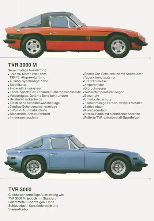 Early TVR Pictures - Page 98 - Classics - PistonHeads - The image is a poster featuring two classic sports cars. The blue car on the left is labeled as the TVR 3000 M, and the red car on the right is labeled as the TVR 300. Each car is presented in traditional daytime lighting against a plain white background. The design of the cars is reminiscent of classic sports cars with aeroductive bodywork, angular headlights, and teardrop-shaped driver's areas. The poster contains German text providing specifications and details about the vehicles, such as engine capacity and additional features.