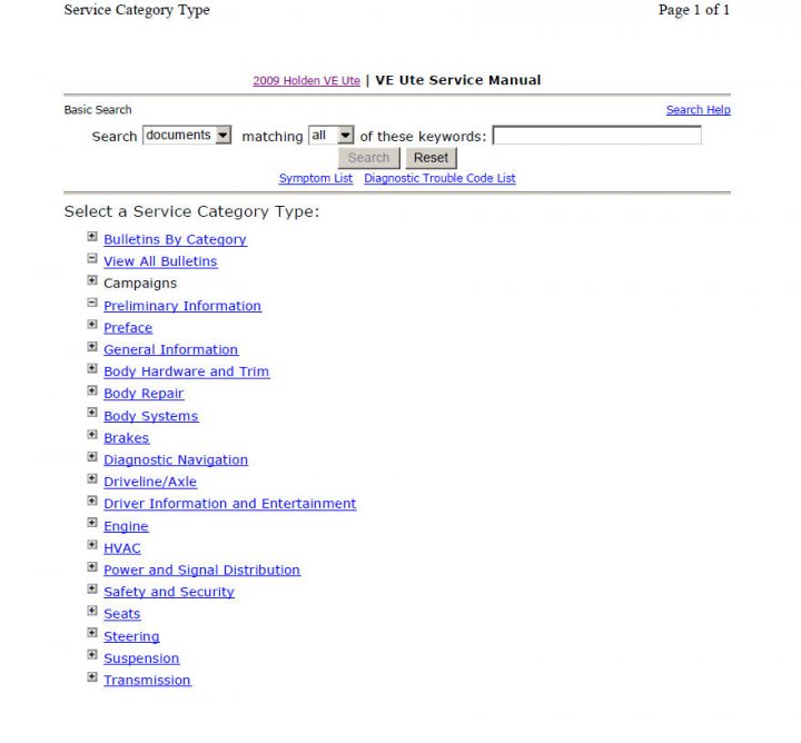 Manuals VE/VXR8/VEUTE &MORE :-) - Page 1 - HSV & Monaro - PistonHeads - This image shows a page from a manual titled "2009 Holland VE UTE Service Manual." It includes a section titled "Select a Service Category type:" followed by a list of options including "Bulletins By Category," "View All Bulletins," "Campaigns," "Implicit Information," "Precise," "General Information," "Body Repair Process," "Body Systems," and several other items related to vehicle service. The options are listed in a drop-down menu with checkboxes next to each, and there is a label catiously stating "Search Mode" to the right of the list. The design is typical of a utility service document, with a structured layout and fields for selection.