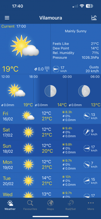 Pistonheads - The image displays a screenshot of an application with a weather forecast. At the top, there's a header showing "VILAURA" with an icon suggesting it may be a location marker or map view. Below this, a blue background is visible, and on the left side, a weather forecast chart shows various temperatures and conditions for different days of the week, ranging from Monday to Sunday.

The temperature readings indicate the highs and lows, and there are icons representing sunshine and cloudiness corresponding to each day's conditions. The time "17:40" is visible at the top right corner of the image, suggesting that this screenshot was taken in the late afternoon. The application interface includes a weather summary at the bottom, showing current temperature, wind direction, and other related data.

Overall, the image provides an overview of the current weather conditions and predictions for Vilaurara, with a clean and organized user interface.