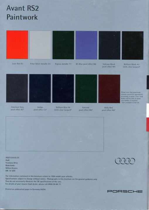 Porsche "Colour to Sample" Examples - Page 3 - Porsche General - PistonHeads - The image displays a brochure page with a color swatch area at the top labeled "Avant RS2 Paintwork." The swatches include a vibrant red (top left), a blue-green gradient (top right), dark purple (next to blue-green), dark blue (next to purple), and other colors in varying shades, with some color families represented by two or three similar hues (as seen with black and white, and blue and light blue). The Porsche logo is visible at the bottom of the page.