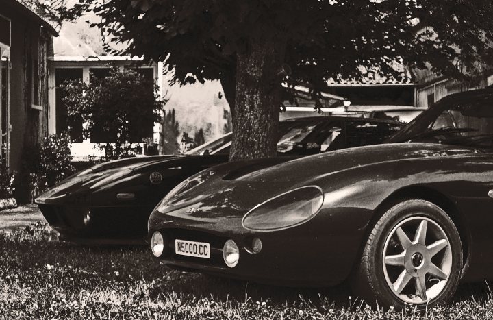 Pistonheads - The image is black and white, presenting two classic sports coupes parked on grass. One car features solid lines, while the other has dotted textures. They are positioned under a tree, which partially obscures the view of the one on the right. The presence of the cars and the tree suggest a calm and peaceful atmosphere, possibly in a serene suburban setting. The black and white tone lends a timeless and classic feel to the scene.