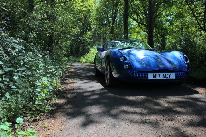 Random TVR pics - Page 98 - General TVR Stuff & Gossip - PistonHeads - This image captures a moment on a road, where a vibrant blue sports car is driving. The car, with its silver detailing and large circular headlights, stands out against the backdrop of the scene. The road on which the car is traveling is lined with dense vegetation and trees, creating a nature-filled environment for the journey. The sky above is clear and blue, suggesting a sunny day. The overall setting conveys a sense of tranquility and adventure.