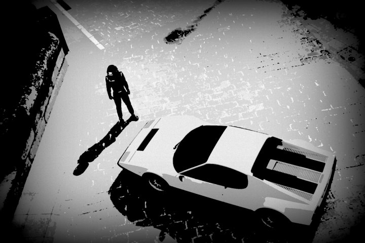 Gran Turismo 6 picture thread - Page 5 - Video Games - PistonHeads - The image captures an urban scene at night with a person standing on a cobblestone street, looking towards a parked white car with a sports car profile. The car casts a dramatic shadow on the road, adding to the noir-like atmosphere. Blurred figures and objects extend into the darkness, suggesting movement or activity at the peripheries, while dominant dark tones set a moody ambiance.