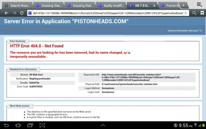 More badly handled errors - Page 1 - Website Feedback - PistonHeads - The image displays a web page or screenshot with the title "Error in Application" followed by the URL "http://pistonheads.com". At the top centrally, there's a prominent error message in bold red letters stating "HTTP Error 404 - Not Found" with the subtitle "The requested URL /not-found was not found on this server." Below the Error Information, there are two options: "See if you can find an alternative page here" and "Logon Method: Anonymous" which suggests a user can log in directly without entering their username or password. At the bottom of the image, there is a note in blue font that says "The directory does not exist on the Web server" indicating the possible cause of the error. In the corner, there is a timestamp showing it to be "9:15 PM" with a little more than an hour remaining, suggesting the screenshot may have been taken early on a weekday morning.